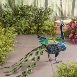 Wind & Weather Vibrant Metal Peacock Birdbath with Glass Bowl