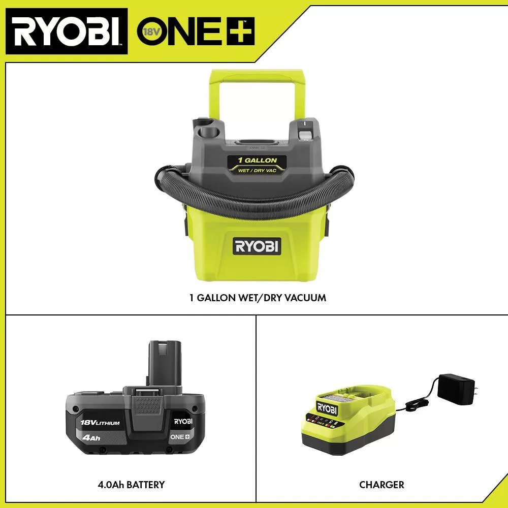 RYOBI PCL733K ONE+ 18V Cordless 1 Gal. Wet/Dry Vacuum Kit with 4.0