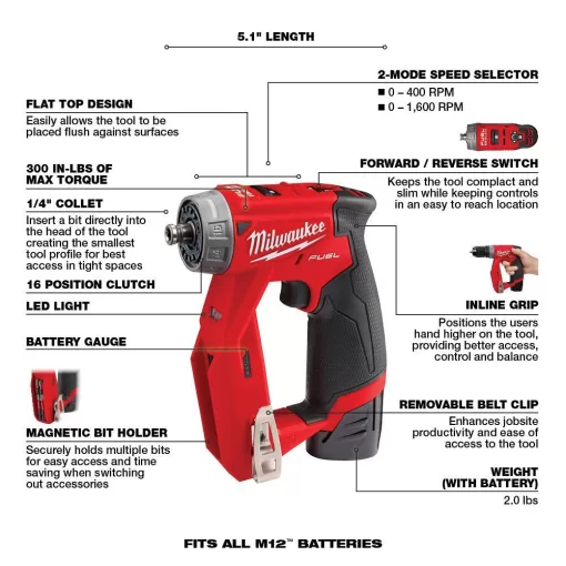 Milwaukee 2505-22-2540-20 M12 FUEL 12V Cordless 4-in-1 Installation 3/8 in. Drill Driver Kit with M12 23-Gauge Lithium-Ion Cordless Pin Nailer