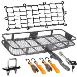 Mockins MA-28 500 lbs. Capacity Hitch Mount Cargo Carrier Set with Net, Basket, Straps, Foldable Shank and 2 in. Raise