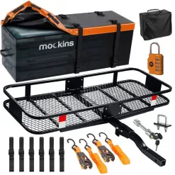Mockins MA-30 500 lbs. Capacity Hitch Mount Cargo Carrier Set with Cargo Bag, Basket, Ratchet Straps, Foldable Shank and 2 in. Raise