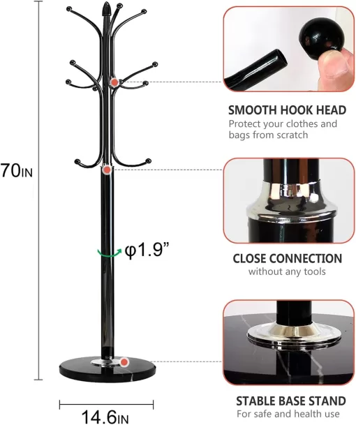 N1 Premium Coat Rack Stand with Black Metal & Beech Wood Balls - Solid Marble Base