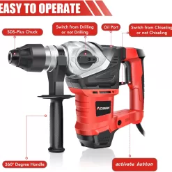 AOBEN Rotary Hammer Drill with Vibration Control and Safety Clutch,13 Amp Heavy Duty 1-1/4 Inch SDS-Plus Demolition Hammer