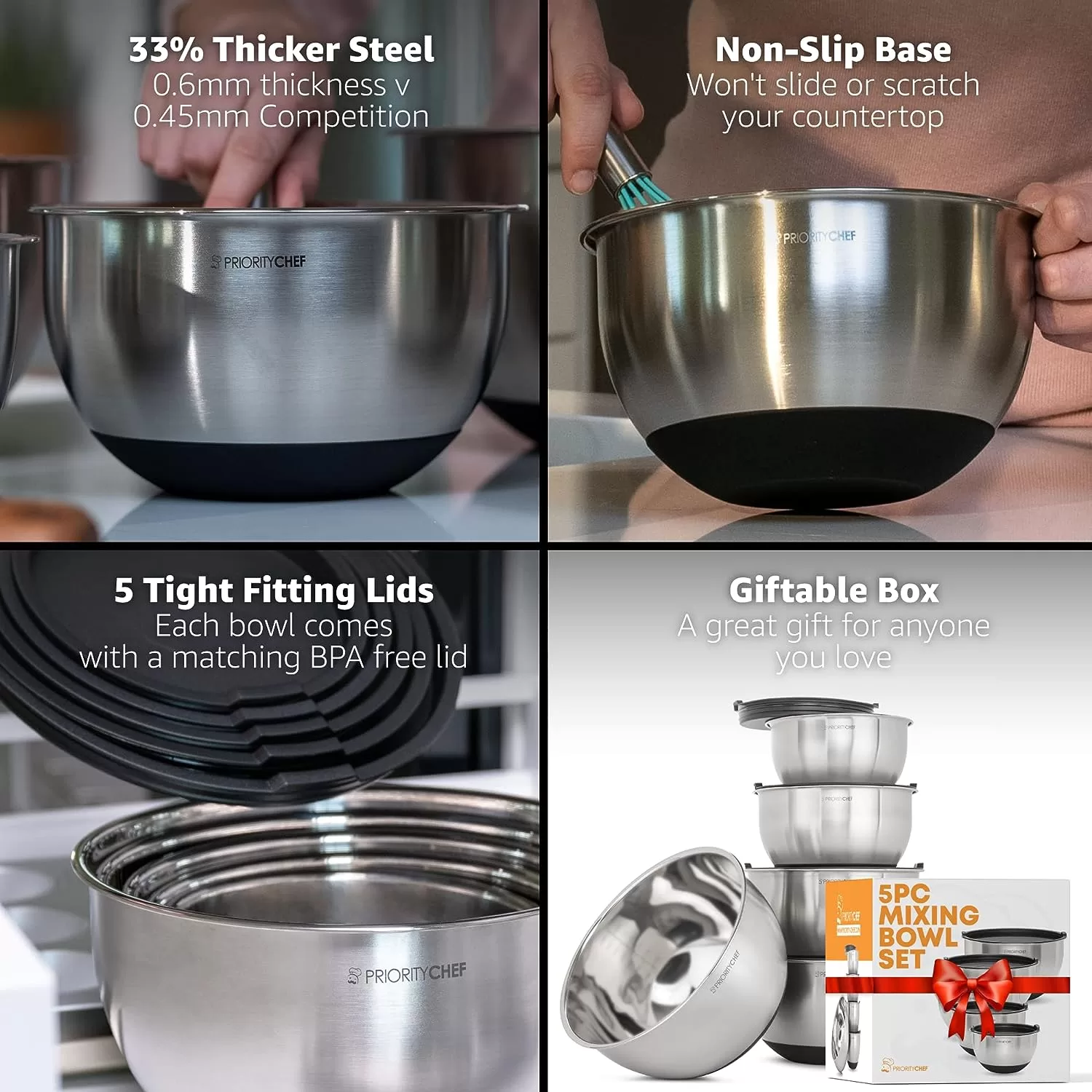 Priority Chef Set Di 28 Pezzi Ciotole In Acciaio Inox Con Coperchio | 5 Ciotole Con Base Antiscivolo, Coperchi Ermetici, 3 Grattugie E 15 Utensili In Silicone, Nero