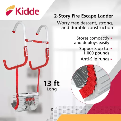 Kidde Fire Escape Ladder, 2-Story Rope Ladder, Extends to 13-Feet, Anti-Slip Rungs