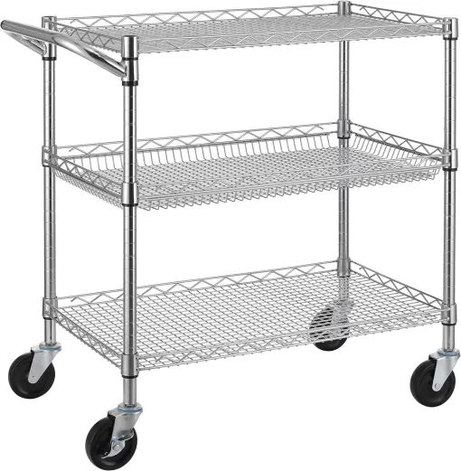 Finnhomy 3 Tier Heavy Duty Commercial Grade Utility Cart, Wire Rolling Cart with Handle Bar