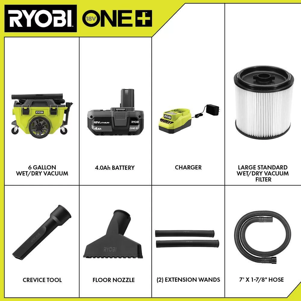 RYOBI PCL735K ONE+ 18V Cordless 6 Gal. Wet Dry Vacuum Kit with 4.0