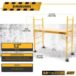 MetalTech I-CISC Jobsite 6 ft. Baker Style Rolling Scaffold Platform, 1100 lbs. Load Capacity, Steel, 6 ft. W x 6.25 ft. H x 2.5 ft. D