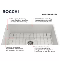 BOCCHI Classico Farmhouse Apron Front Fireclay 30 in. Single Bowl Kitchen Sink with Bottom Grid and Strainer in White