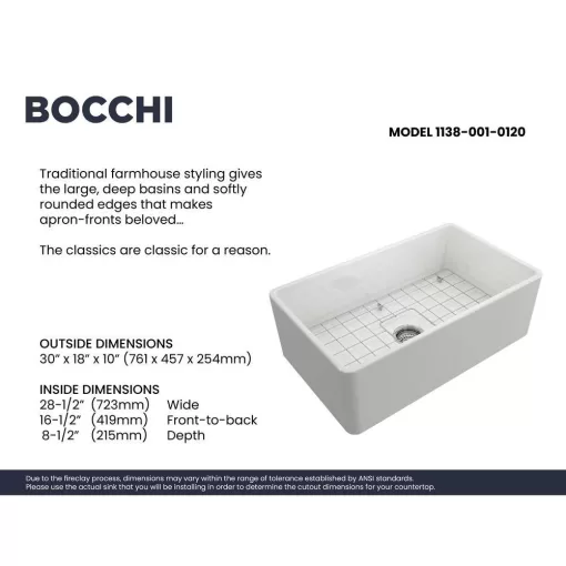 BOCCHI Classico Farmhouse Apron Front Fireclay 30 in. Single Bowl Kitchen Sink with Bottom Grid and Strainer in White