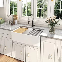 DEERVALLEY DV-1K0067 White Fireclay 33 in. Single Bowl Farmhouse Apron Workstation Kitchen Sink with Accessories