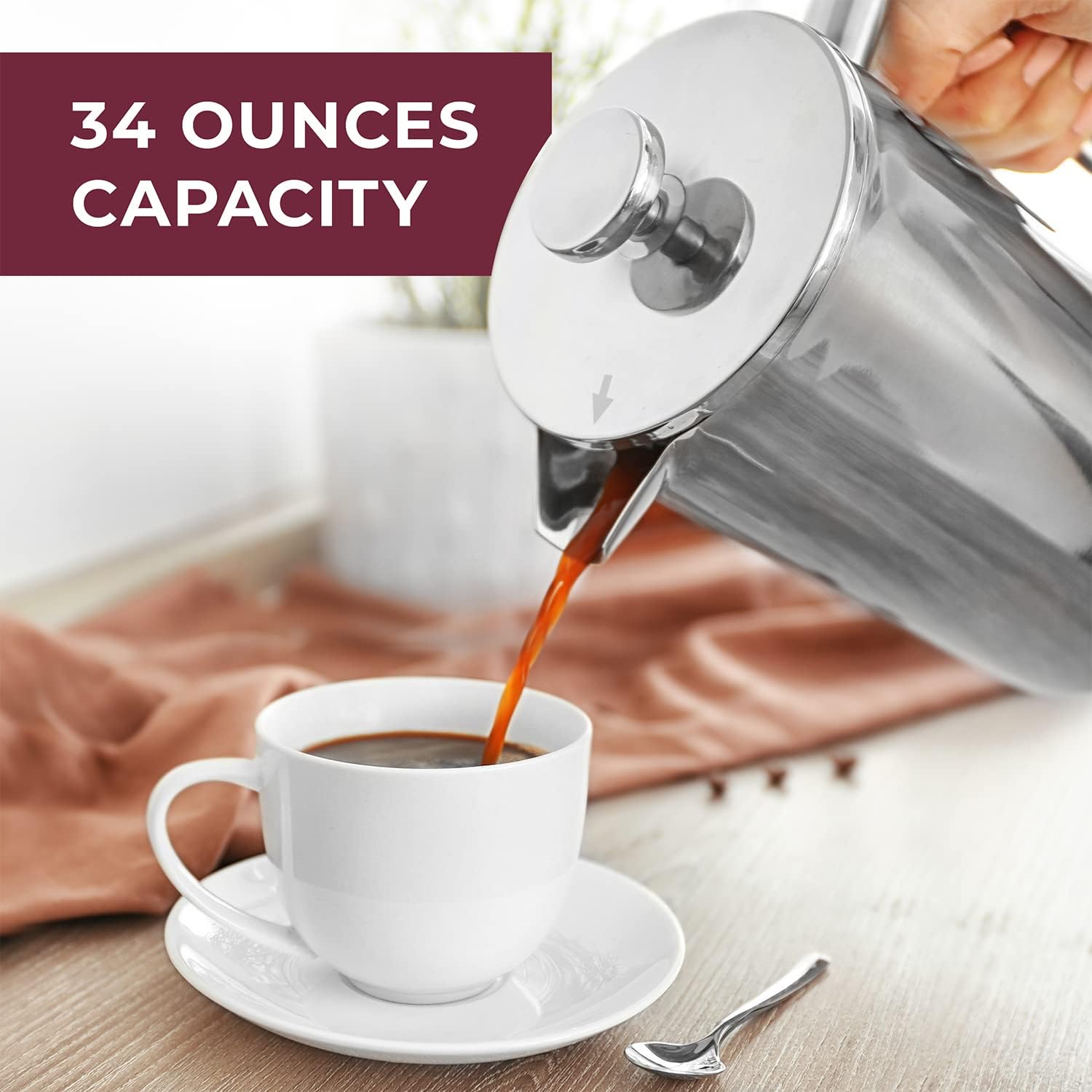 Mueller French Press Coffee Maker 34oz, Stainless Steel French
