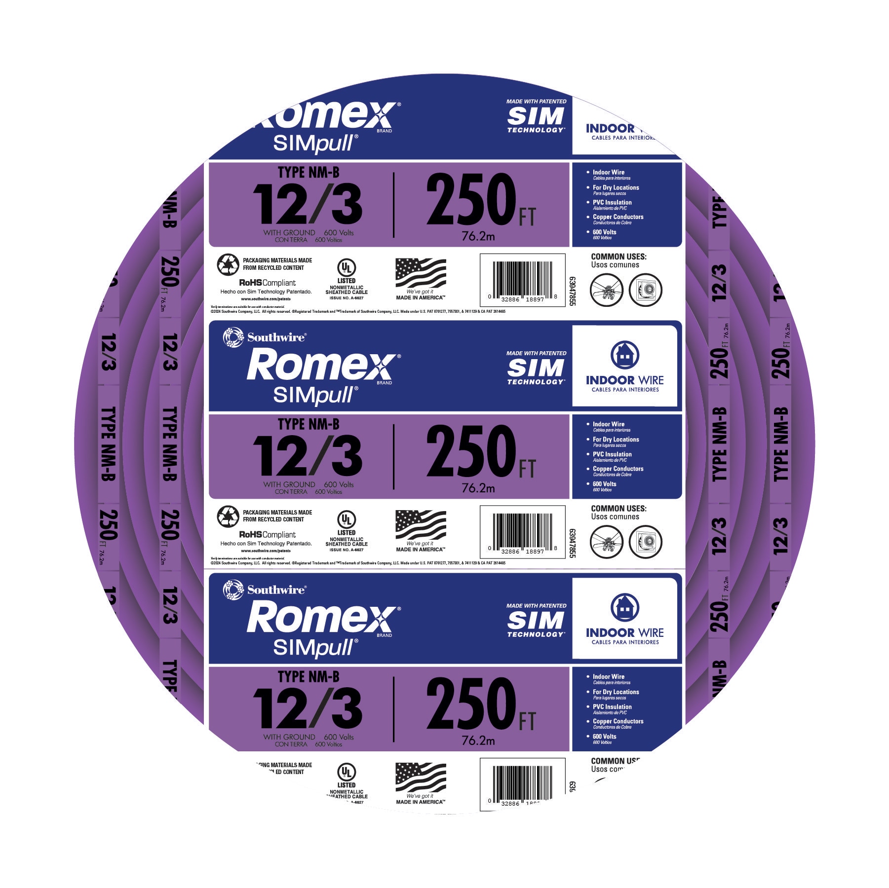 Southwire 250-Feet 12 / 3 / Romex SIMpull Solid Indoor CU NM-B W/G ...