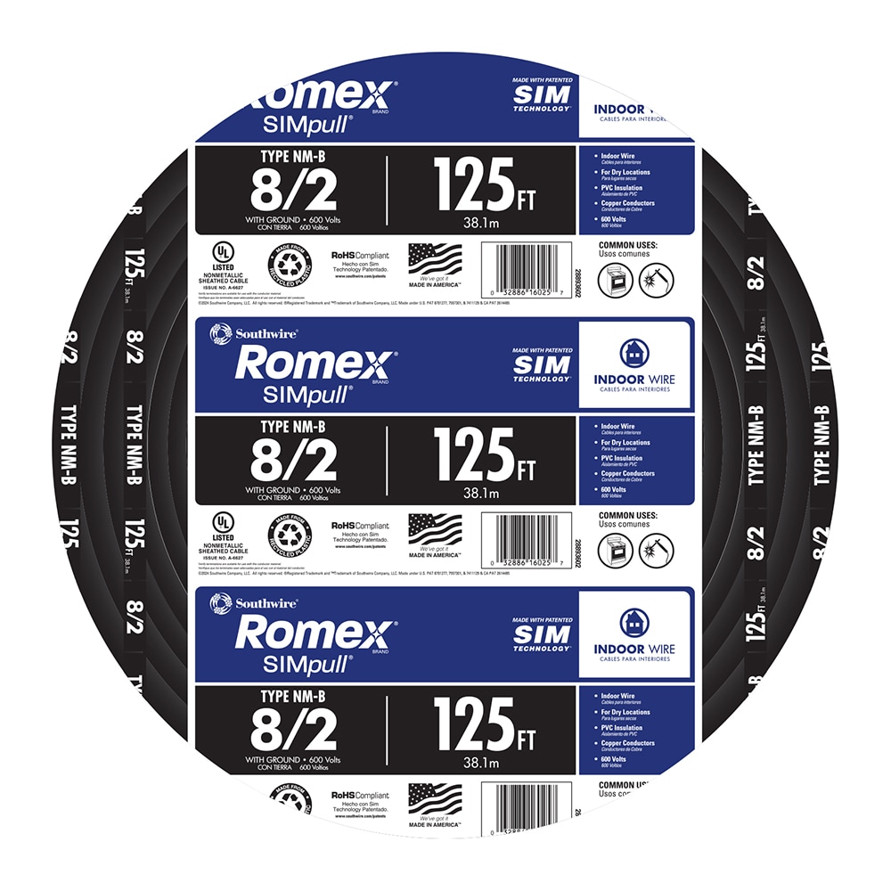 Southwire 125-ft 8 / 2 / Romex SIMpull Stranded Indoor CU NM-B W/G ...
