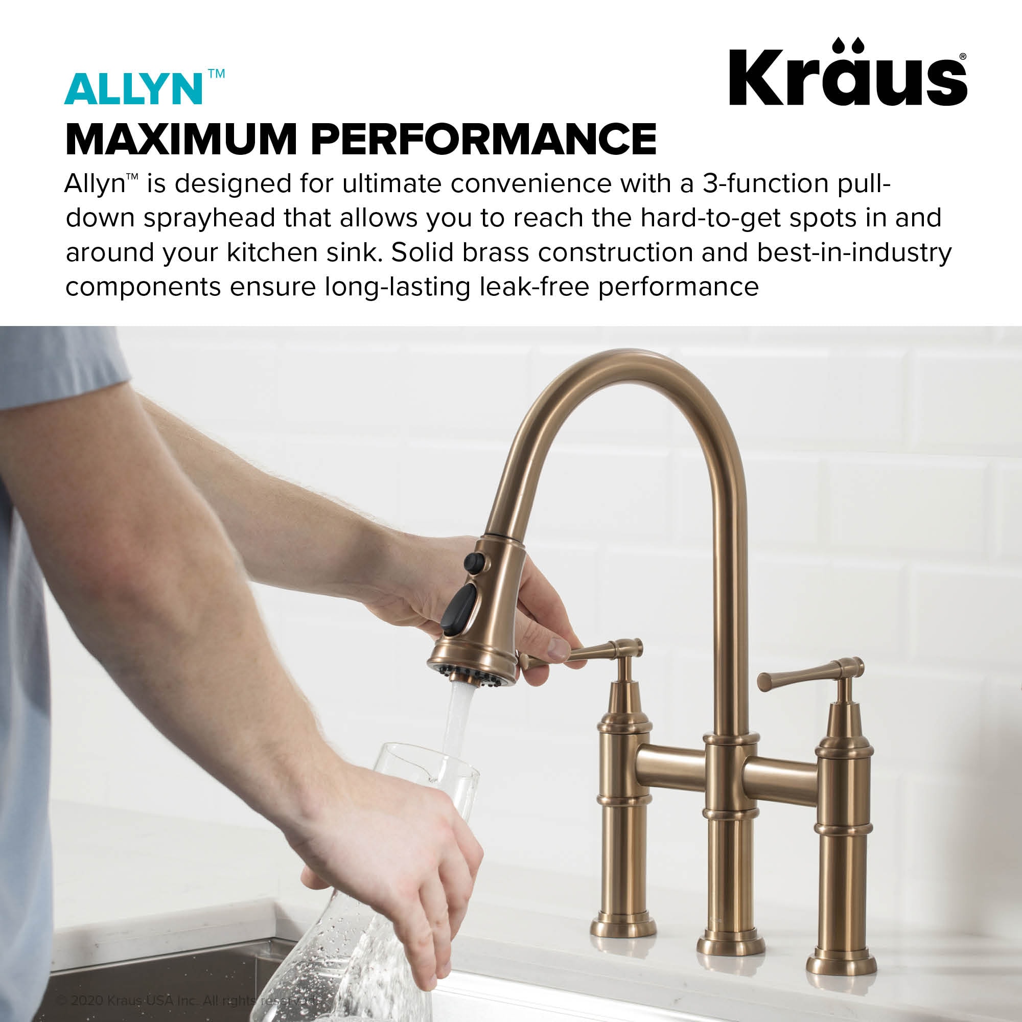 Kraus Allyn Brushed Gold Double Handle Deck-mount Bridge Kitchen Faucet ...