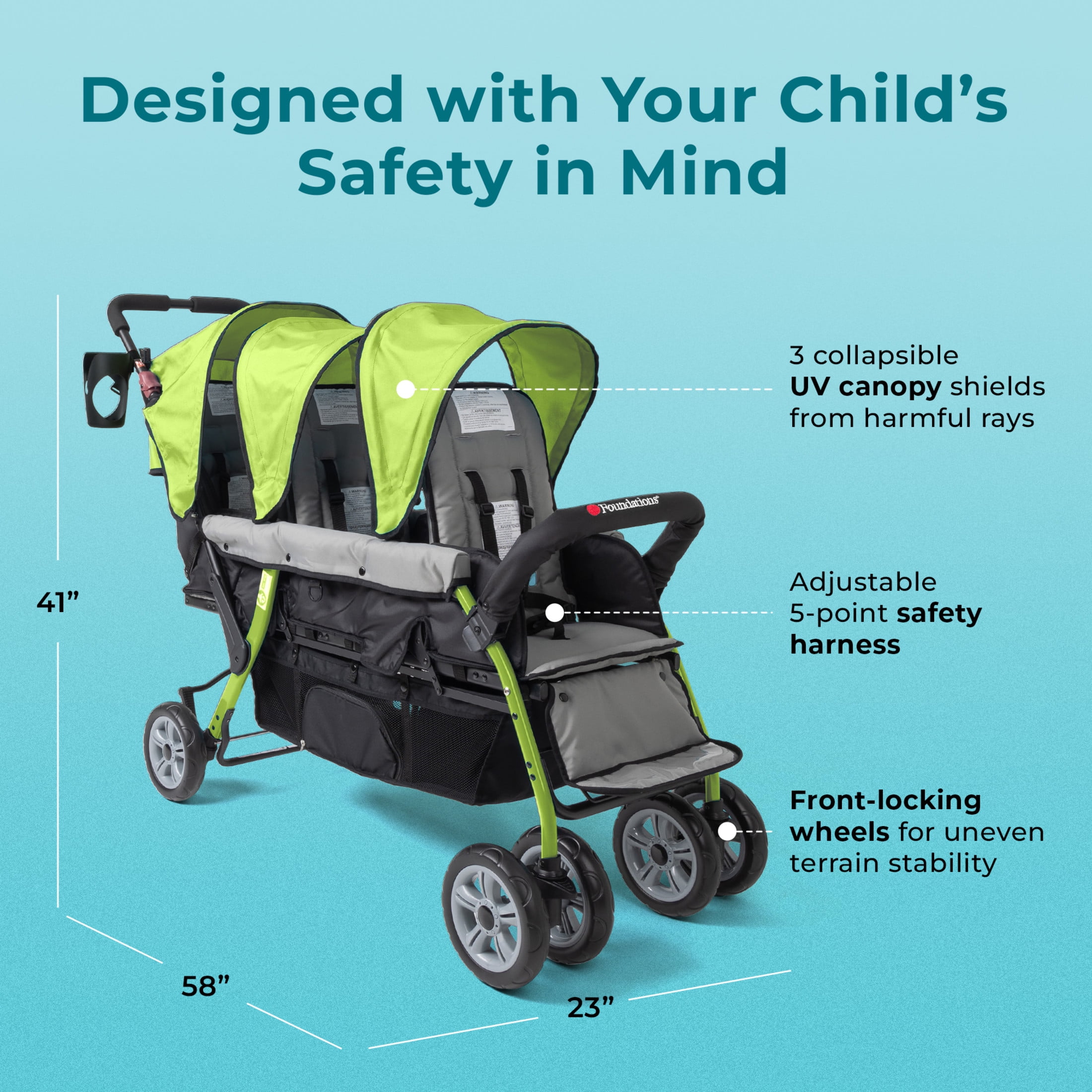 Foundations Trio Sport Triple Tandem Stroller - Lime