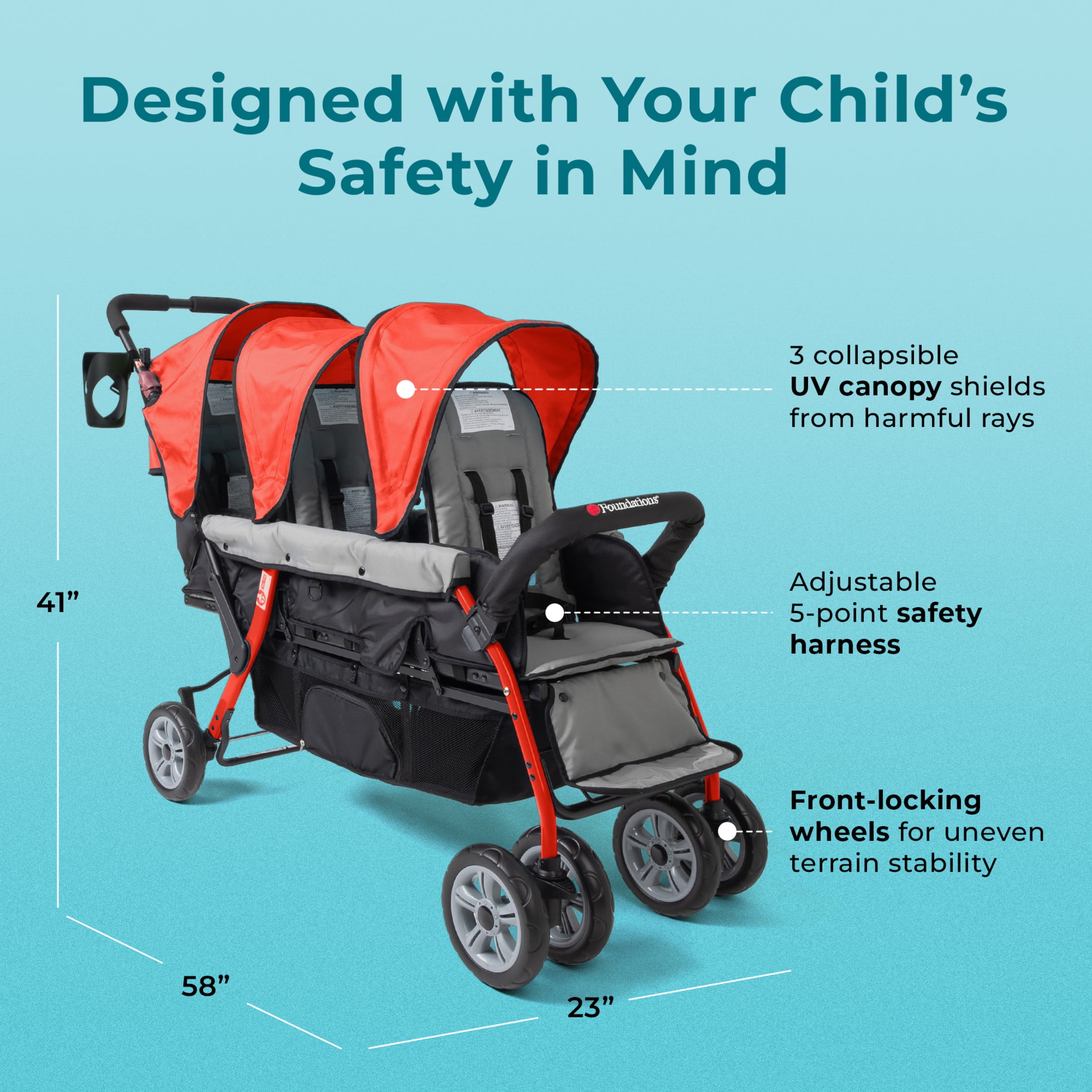 Foundations Trio Sport Triple Tandem Stroller - Red